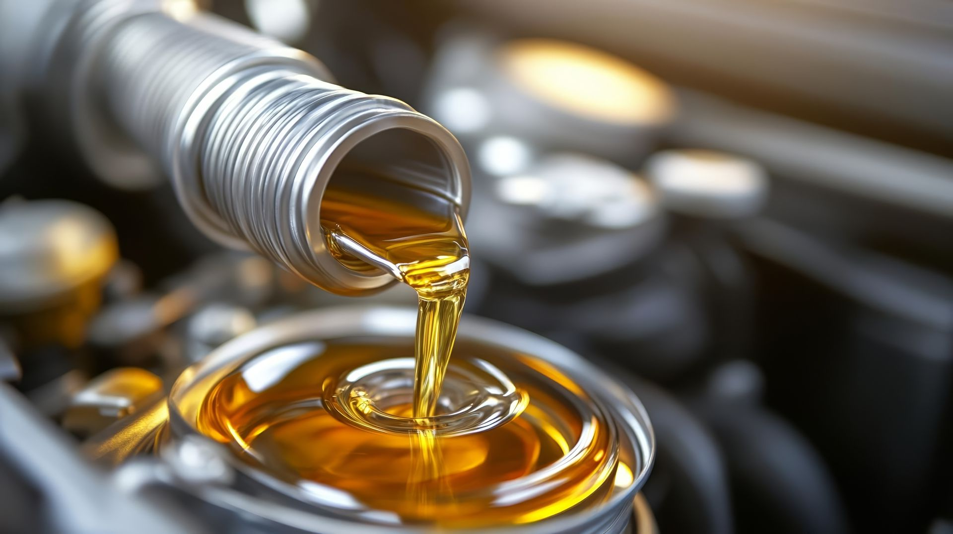 A silver bottle pours golden motor oil into the engine filler neck of a car.