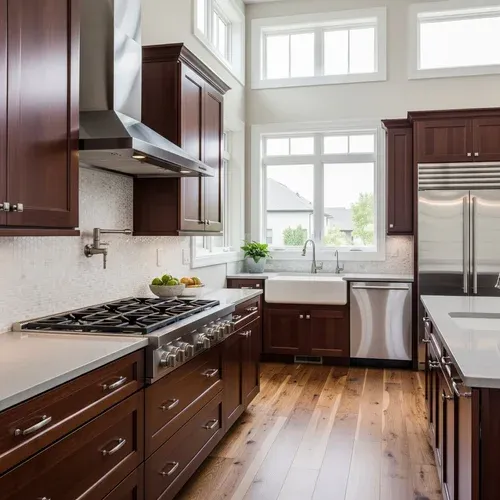 Custom cherry-wood kitchen cabinets with farmhouse sink in a Raleigh, NC kitchen remodel.