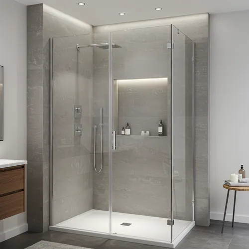 Walk-in glass shower remodel with tile walls in Raleigh, NC.
