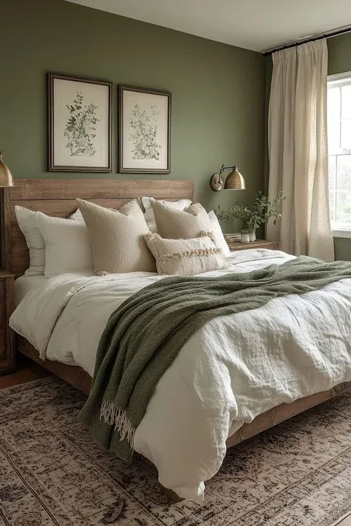 Bedroom with olive-green accent wall, wood bed, white bedding, and modern art — interior painting project in a Raleigh home.