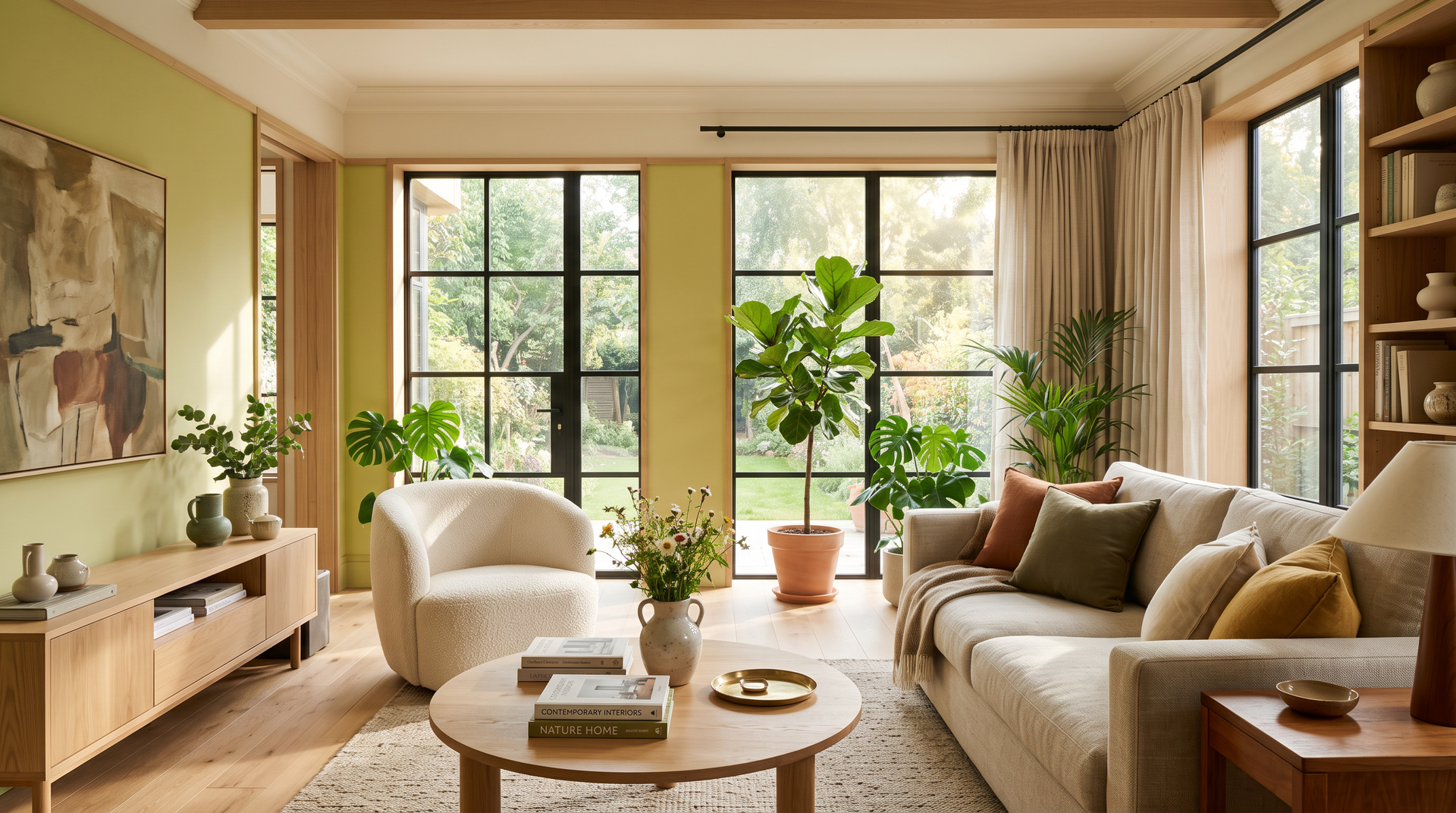 Living room painted in Sherwin-Williams 2027 Color of the Year Celery with cream trim
