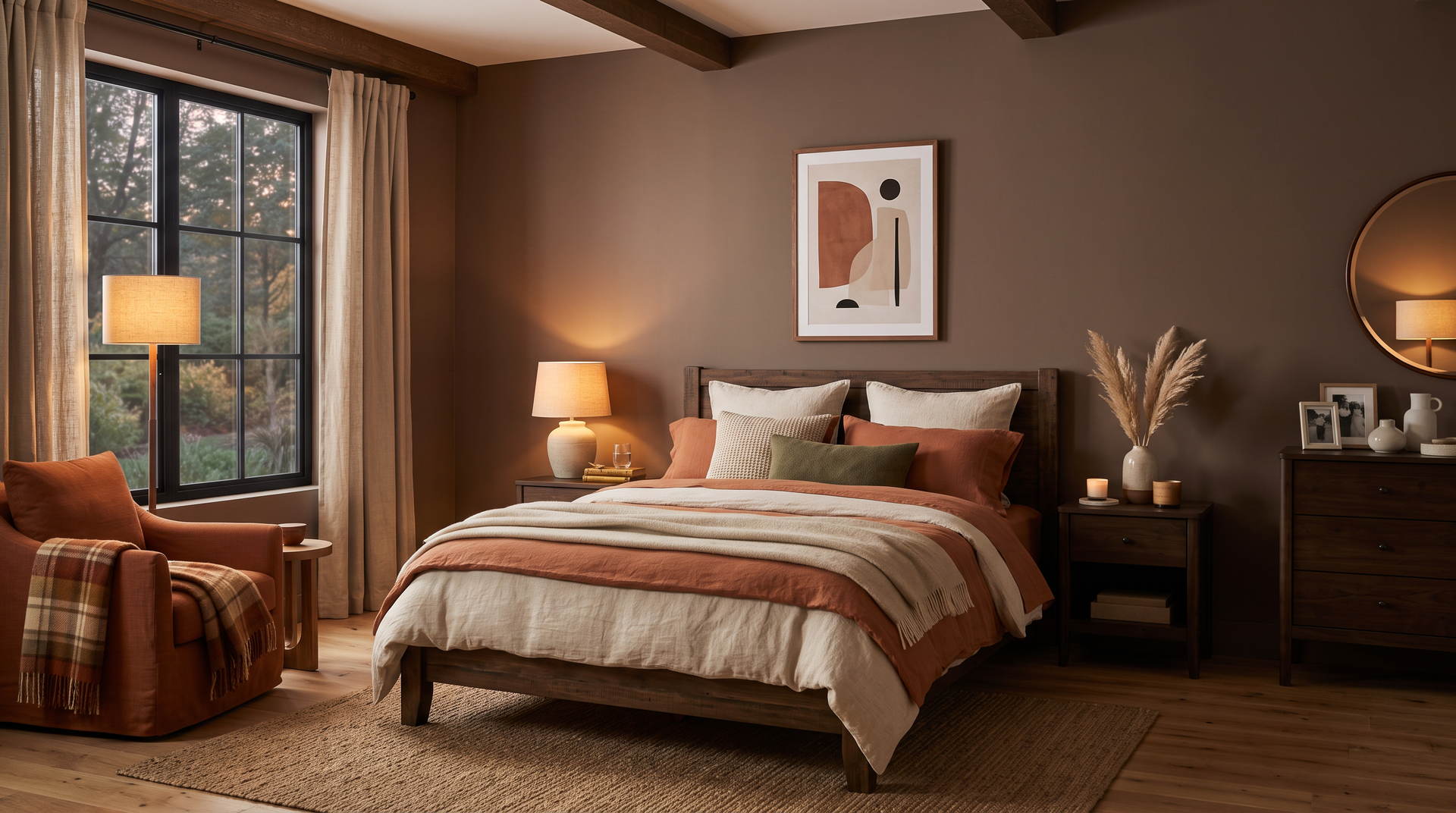 Cozy primary bedroom with interior walls painted in warm grounded cocoa taupe and linen bedding
