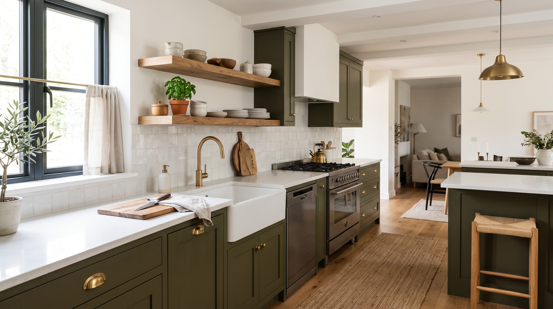 Modern kitchen featuring custom painted cabinets in deep earthy olive green with quartz counters