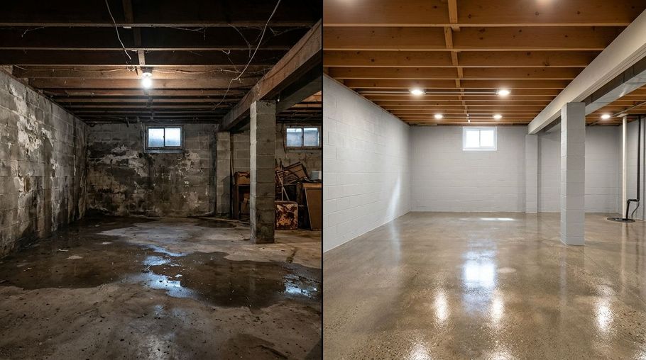 Basement before-and-after: damp, unfinished space beside bright, clean renovated floor.