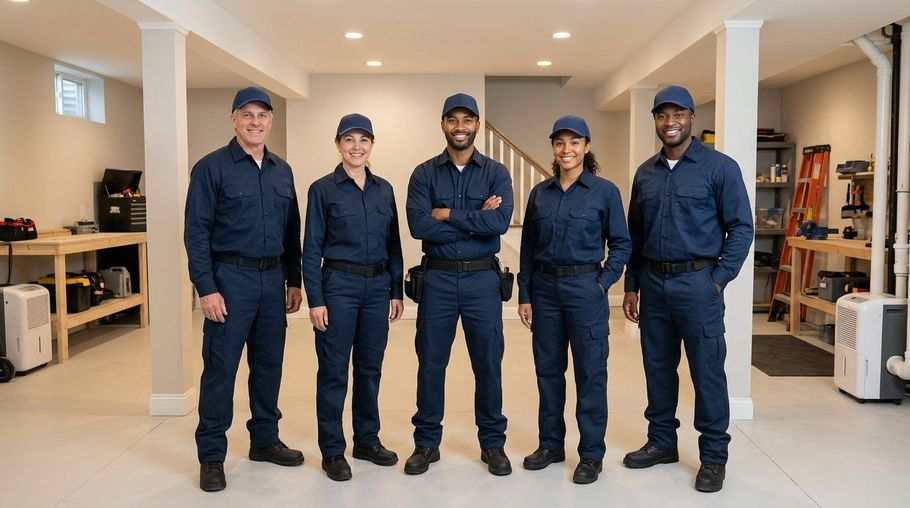 Five workers in navy uniforms stand together in an office hallway.