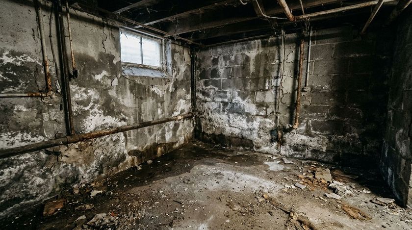 Abandoned, fire-damaged room with soot-stained walls, debris-covered floor, and a small window.