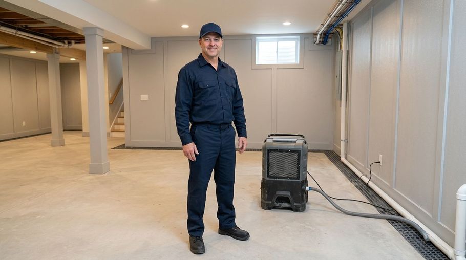 Man standing in an unfinished basement beside a portable speaker, wearing dark work clothes and a cap.