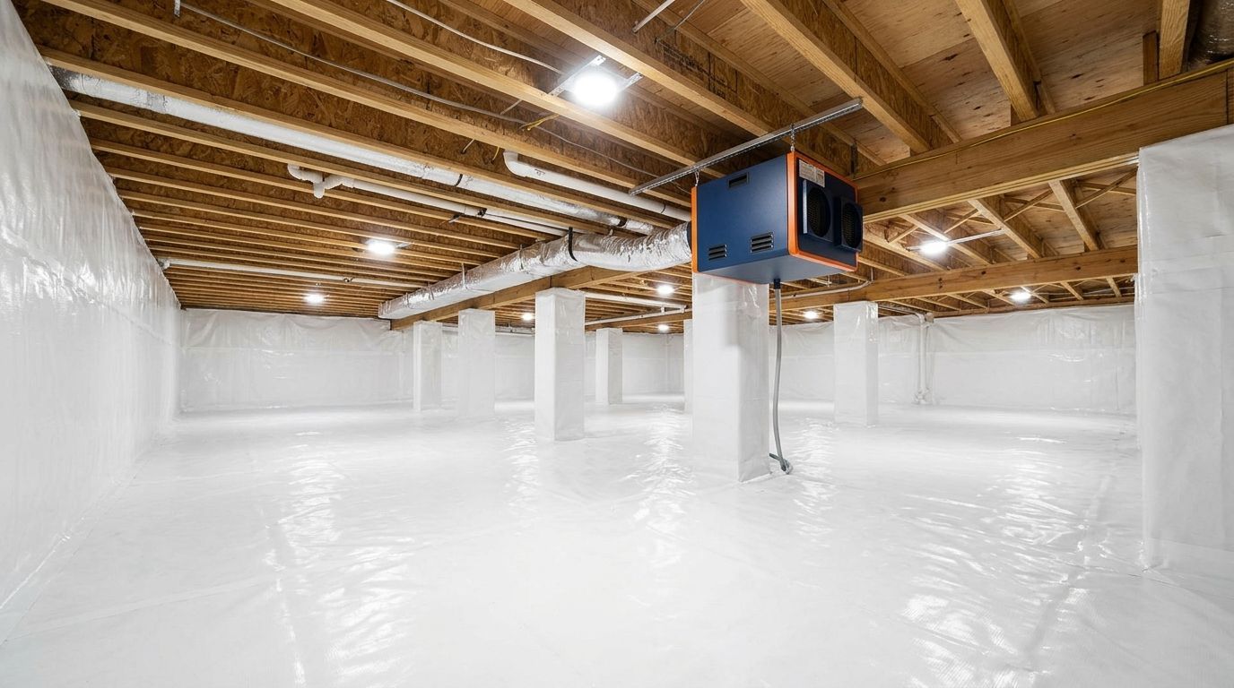 Large unfinished basement with white walls, exposed wooden ceiling beams, and a blue HVAC unit on columns
