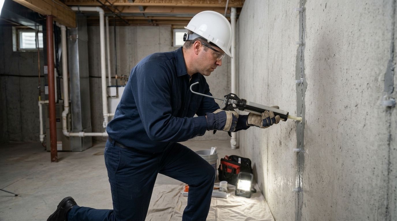 Worker in hard hat using a power drill to install fasteners into a concrete wall at a construction site