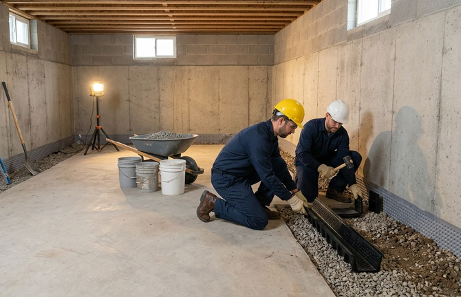 Two workers in hard hats kneel in a basement, spreading gravel beside buckets and a work light.