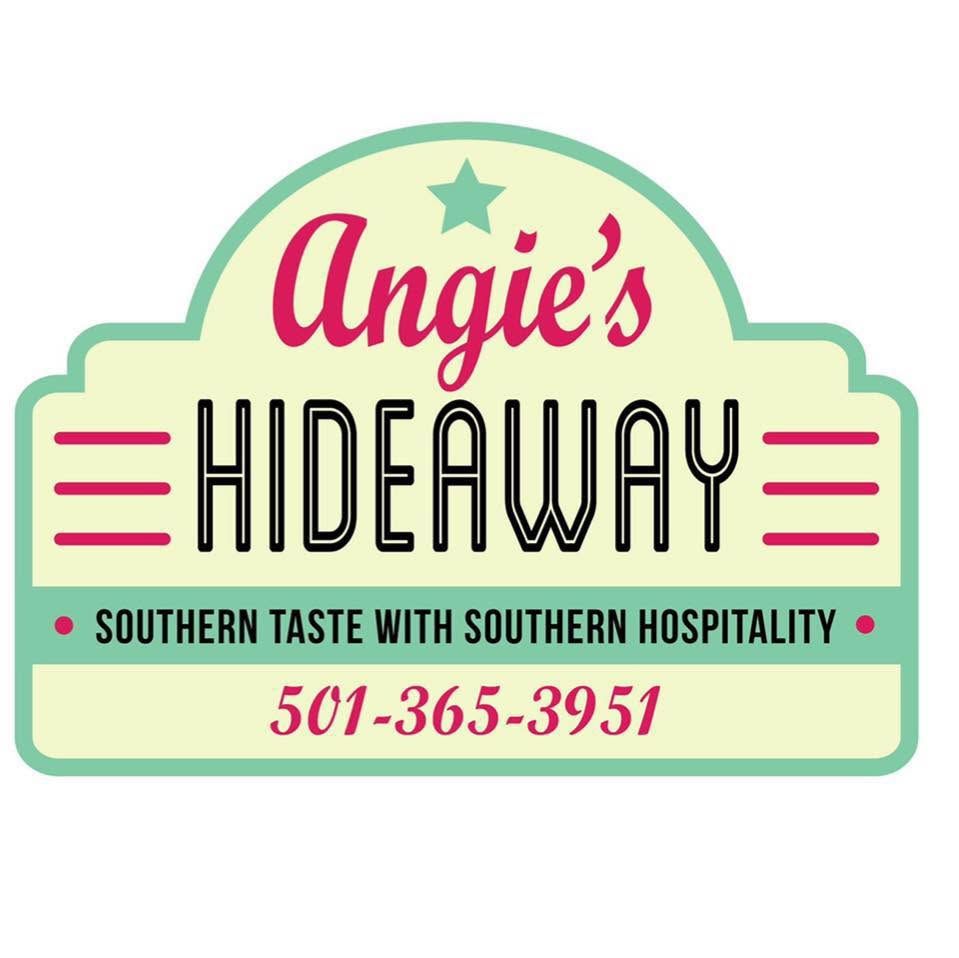 Logo for Angie’s Hideaway, with pink and green accents and phone number 501-365-3951