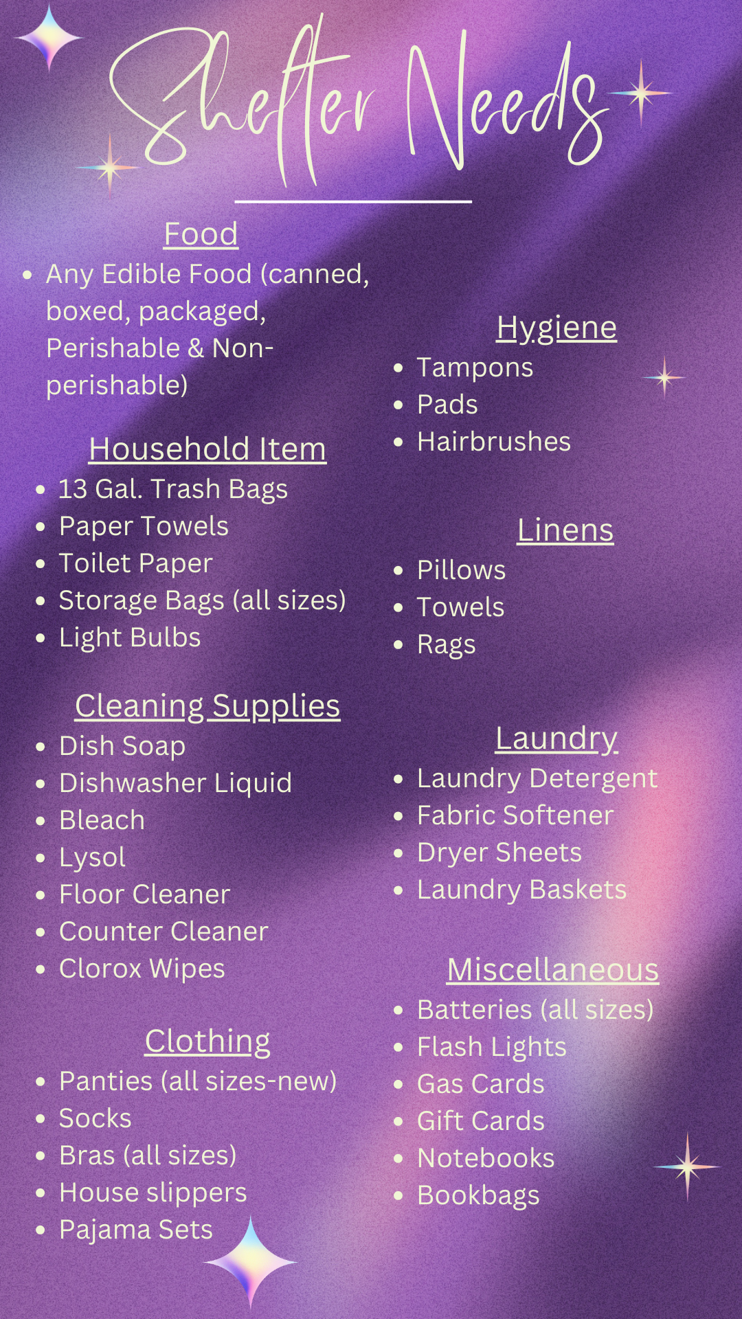 A list of general shelter needs