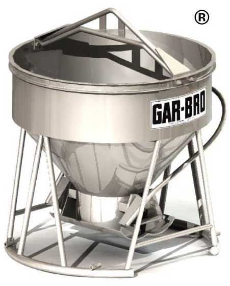 Stainless steel GAR-BRO concrete mixing hopper with support frame and lifting handle