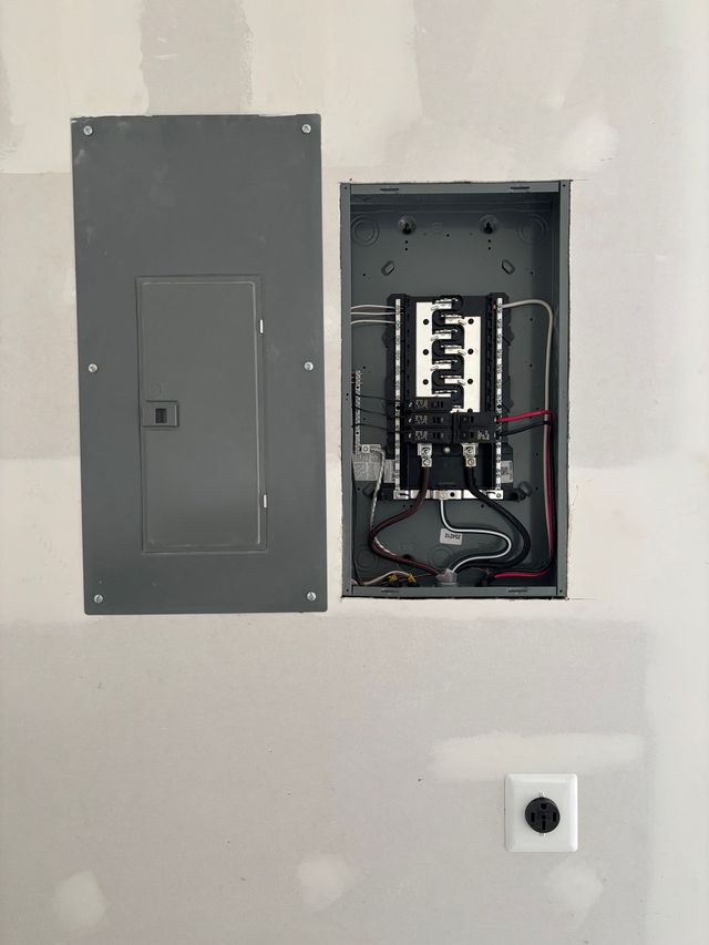 Electrical panel wiring before-and-after: tangled wires on left, neatly organized panel on right.