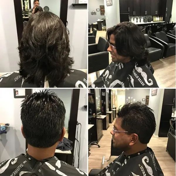 Before and after photos showing a person's hair transformation from long layered hair to a short, tapered style.