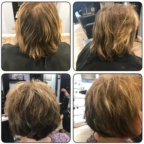 A collage comparing four views of a person’s hair before and after a salon treatment, showing increased volume and texture.