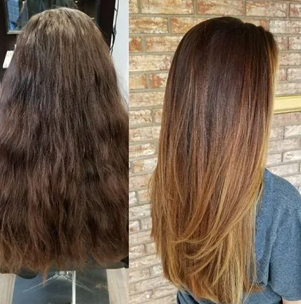 A split-screen comparison of hair before and after a salon treatment, showing transition from frizzy to smooth and light.