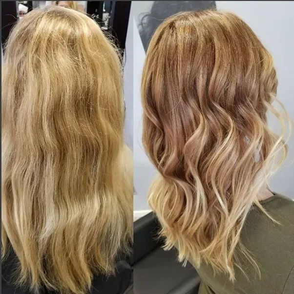 Before-and-after shot of hair showing a transition from light, flat blonde to a dimensional, wavy bronde balayage.