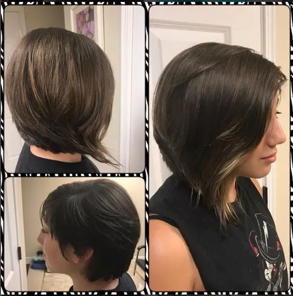 A collage showing three views of a dark brown, short asymmetrical bob hairstyle with a subtle blonde highlight.