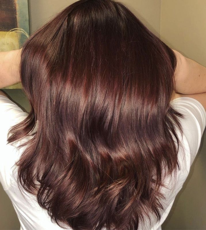 A person from behind with long, wavy, medium-brown hair that has subtle reddish-purple undertones and a glossy finish.