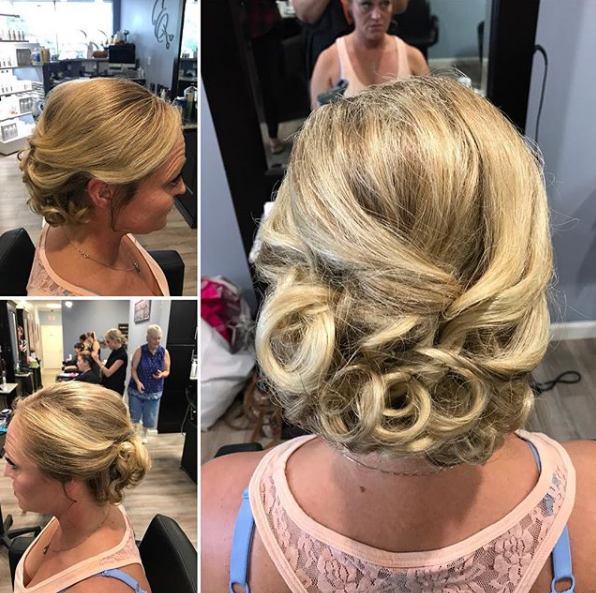 A collage showing different angles of an intricate, curled blonde updo hairstyle created in a hair salon setting.