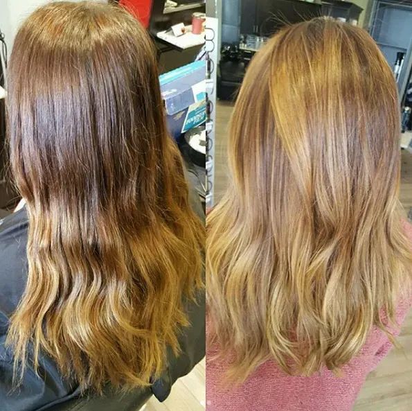 Before and after comparison of hair, showing a transition from dark brown roots to a brightened, blended honey blonde.