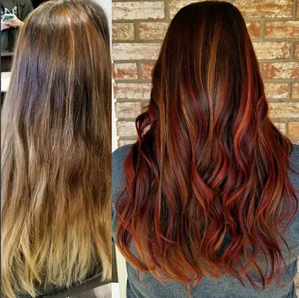 Before and after photo of hair colored with warm copper, auburn, and dark brown tones, transitioning from faded blonde.