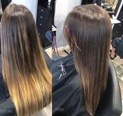 A before-and-after comparison showing hair color transition from brassy blonde ends to a smooth, rich dark brown.