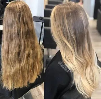 Before-and-after shot of hair showing a transformation from dull, light-brown hair to a shiny blonde balayage style.