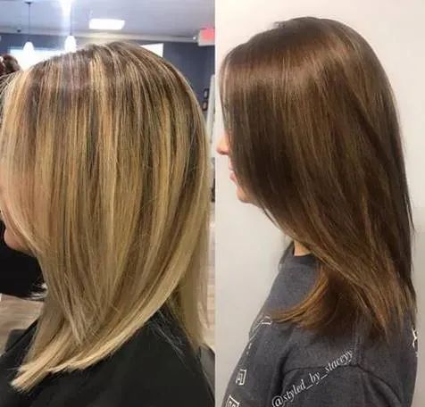 A split-screen comparison showing hair before (left, light blonde) and after (right, chestnut brown) coloring treatment.