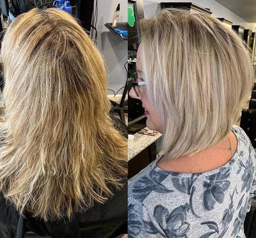 Before and after comparison of hair, showing a transition from long, layered blonde hair to a sleek, shorter bob haircut.