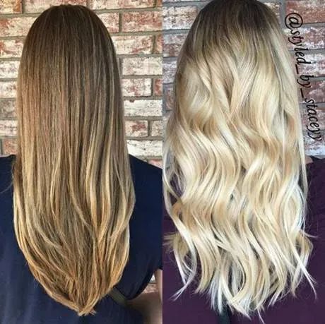 A before-and-after comparison showing long hair transitioning from a light brown base to a bright, wavy blonde balayage.