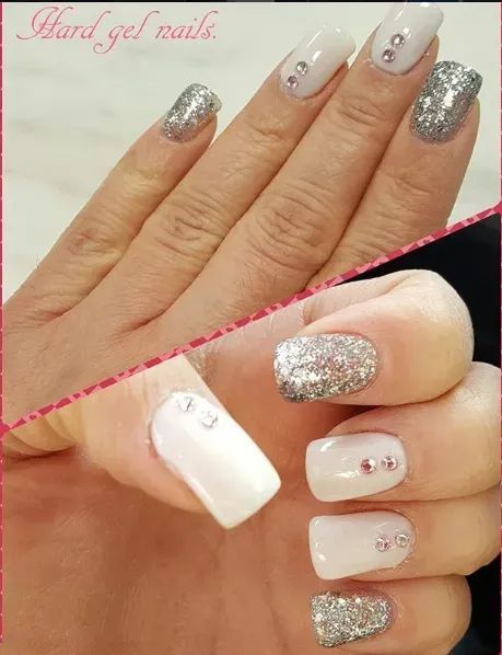 A split-screen photo shows manicured hands with alternating white nails featuring small rhinestones and silver glitter nails.
