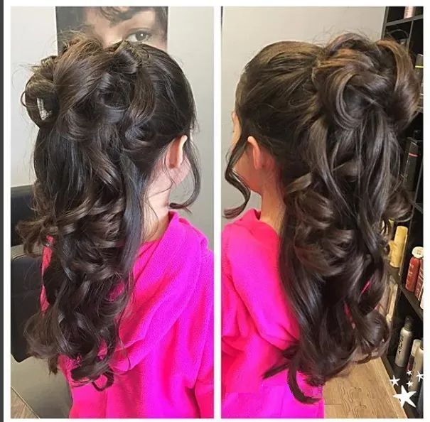 Two views of a person with long, dark, curled hair styled in a half-up ponytail, wearing a bright pink hooded sweatshirt.