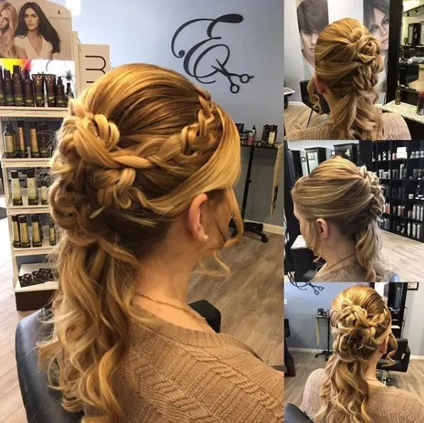 A collage showing multiple angles of a blonde, half-up braided hairstyle styled in a salon.