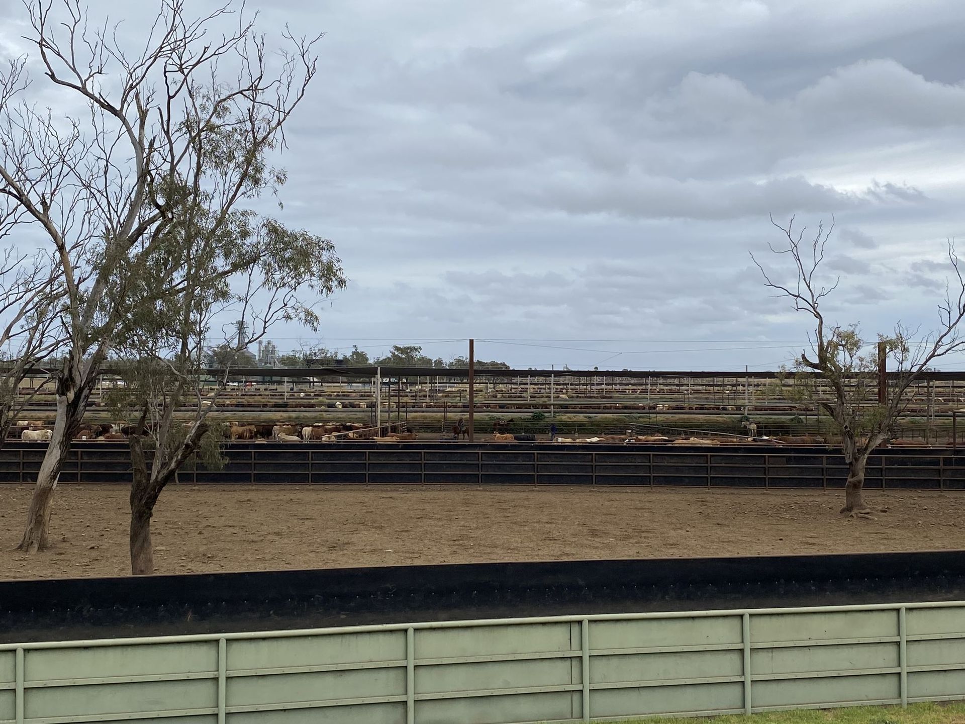 A fenced in area with a train track in the background