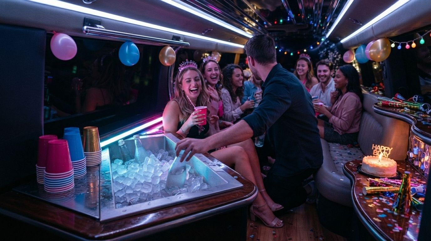 Friends celebrating in a decorated party bus, with drinks, ice, and colorful neon lights.