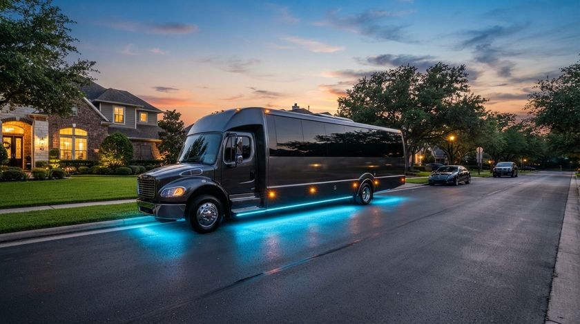 Black van with blue underglow driving on a suburban street at dusk
