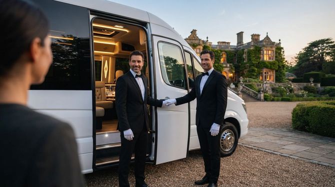 Two men in dark suits stand by an open white van outside a large home at dusk.