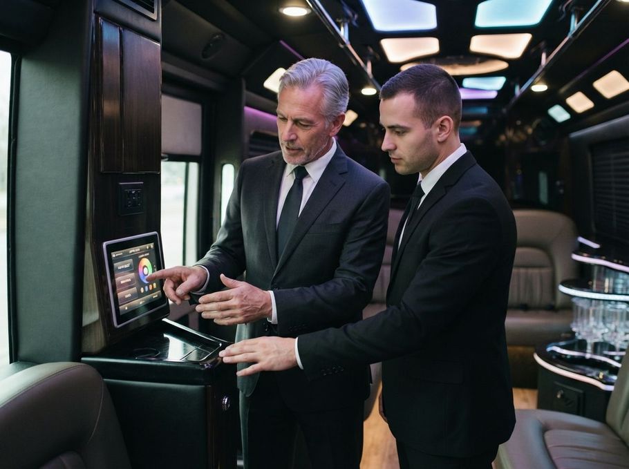 Two men in suits use a touchscreen kiosk inside a sleek, dimly lit train car.