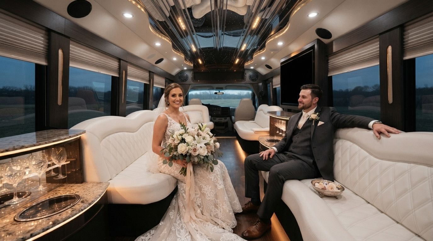Bride and groom in a luxury limousine, bride holding a bouquet, seated on white leather benches.
