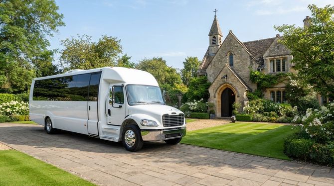 White luxury coach parked beside a stone church and green lawn on a sunny day