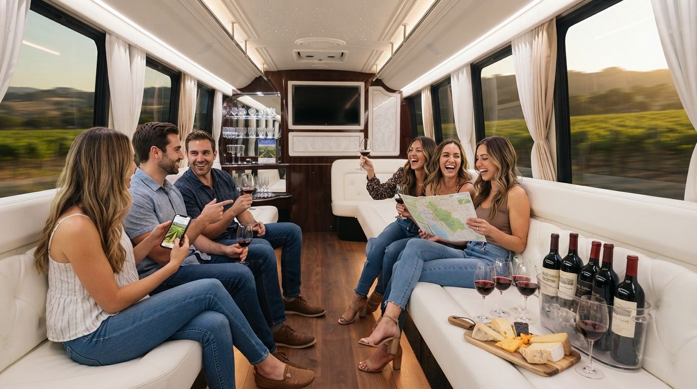 Friends relaxing in a luxury van, chatting, eating snacks, and drinking wine on a scenic ride.