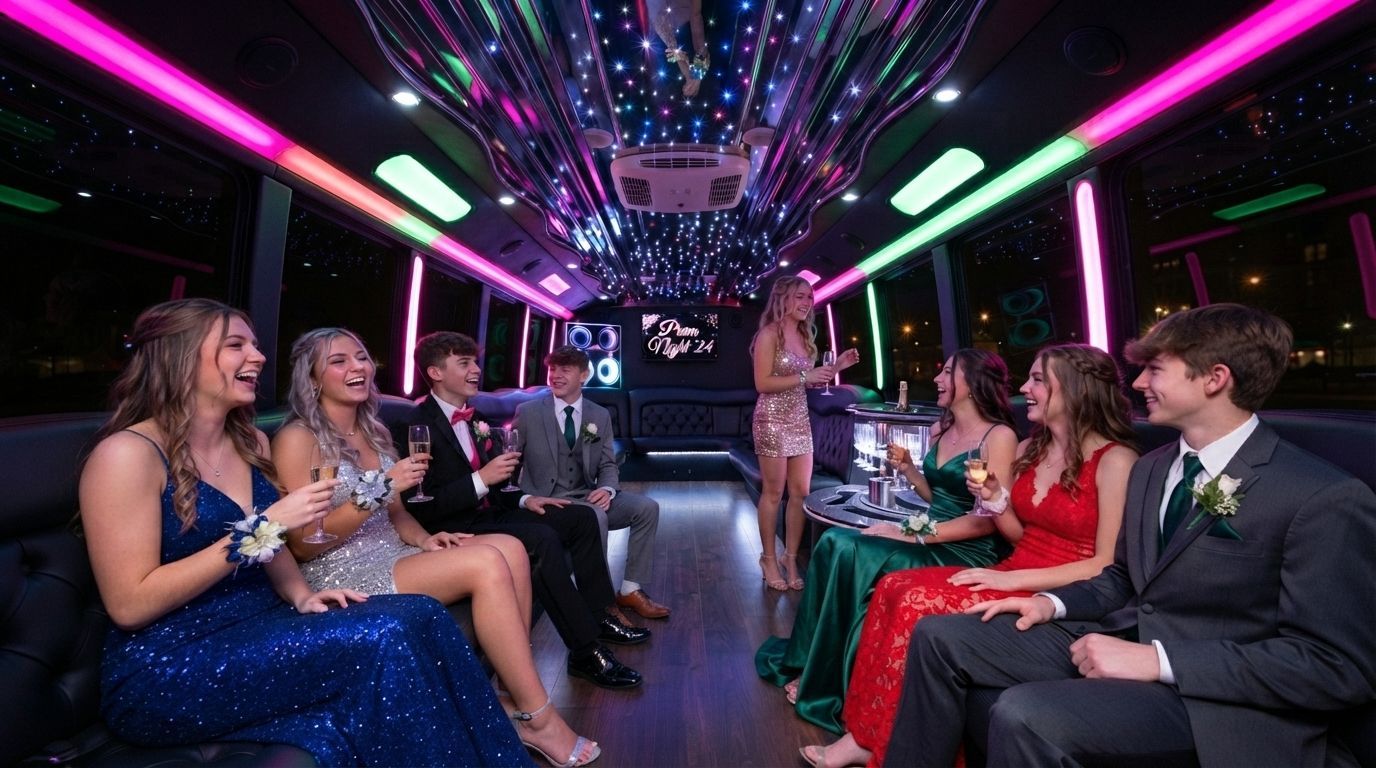 Guests in formal wear sit facing each other in a neon-lit event hall, clapping and smiling.