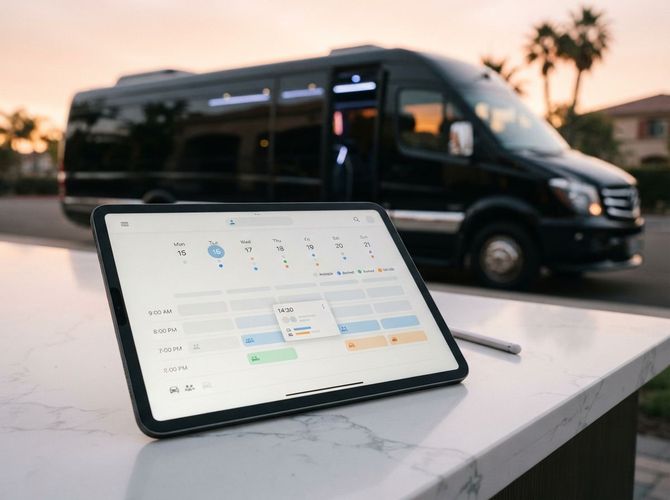 Tablet on a marble table showing a shuttle booking screen, with a black van parked behind at sunset.
