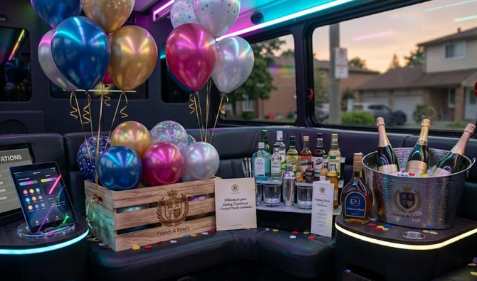 Balloon-decorated drink display with bottles, champagne flutes, and neon-lit party setup on a table