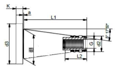 Disegno tecnico di un componente meccanico con filettatura conica, con indicazione delle dimensioni e delle misure.