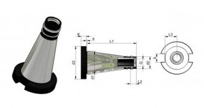 Ugello nero a forma di cono con schema tecnico laterale e frontale, e dimensioni indicate.