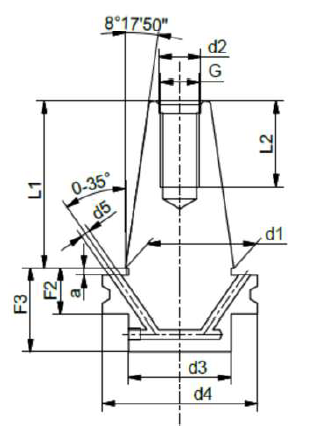 Disegno tecnico quotato di un elemento di fissaggio o di un bullone di ancoraggio con misure e angoli etichettati.