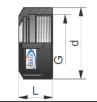 Technical drawing of a black cylindrical device with labeled dimensions L, G, and d.